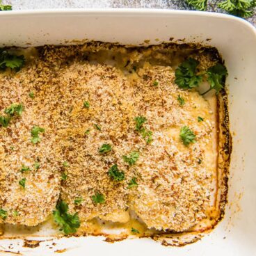 A plate of cooked chicken supreme in a dish