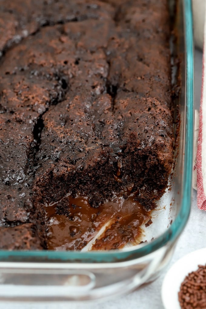 Chocolate Pudding Cake in a glass baking dish.