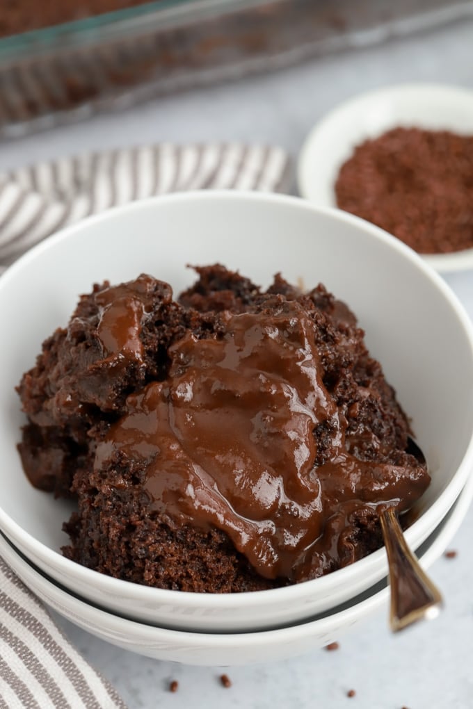 Chocolate Pudding Cake in a white bowl.
