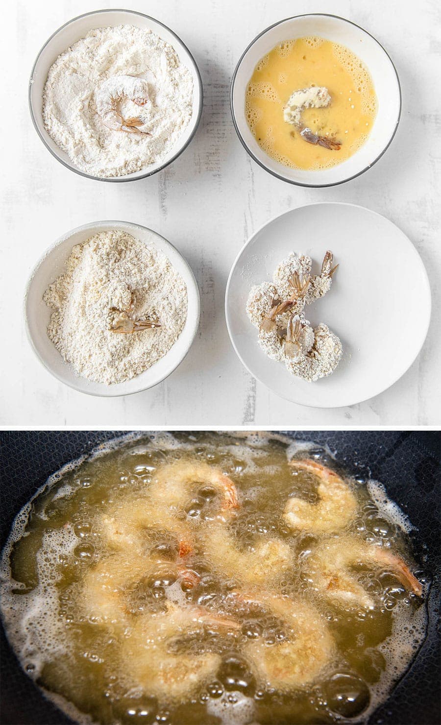 A collage of two images showing the breading and frying process for fried shrimp