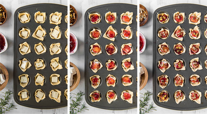 3 images in a collage showing the steps to make cranberry brie bites