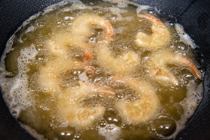 Shrimp frying in a pan.