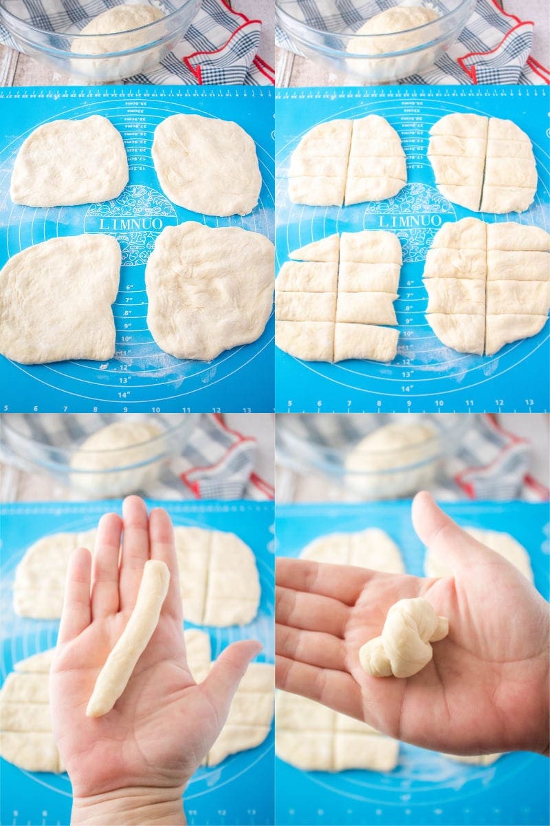 Mini Parmesan Garlic Knots are a poppable appetizer that flies off the plate! Serve them small, or make bigger knots to serve up with your favorite dinners! steps to form garlic knots from pizza dough