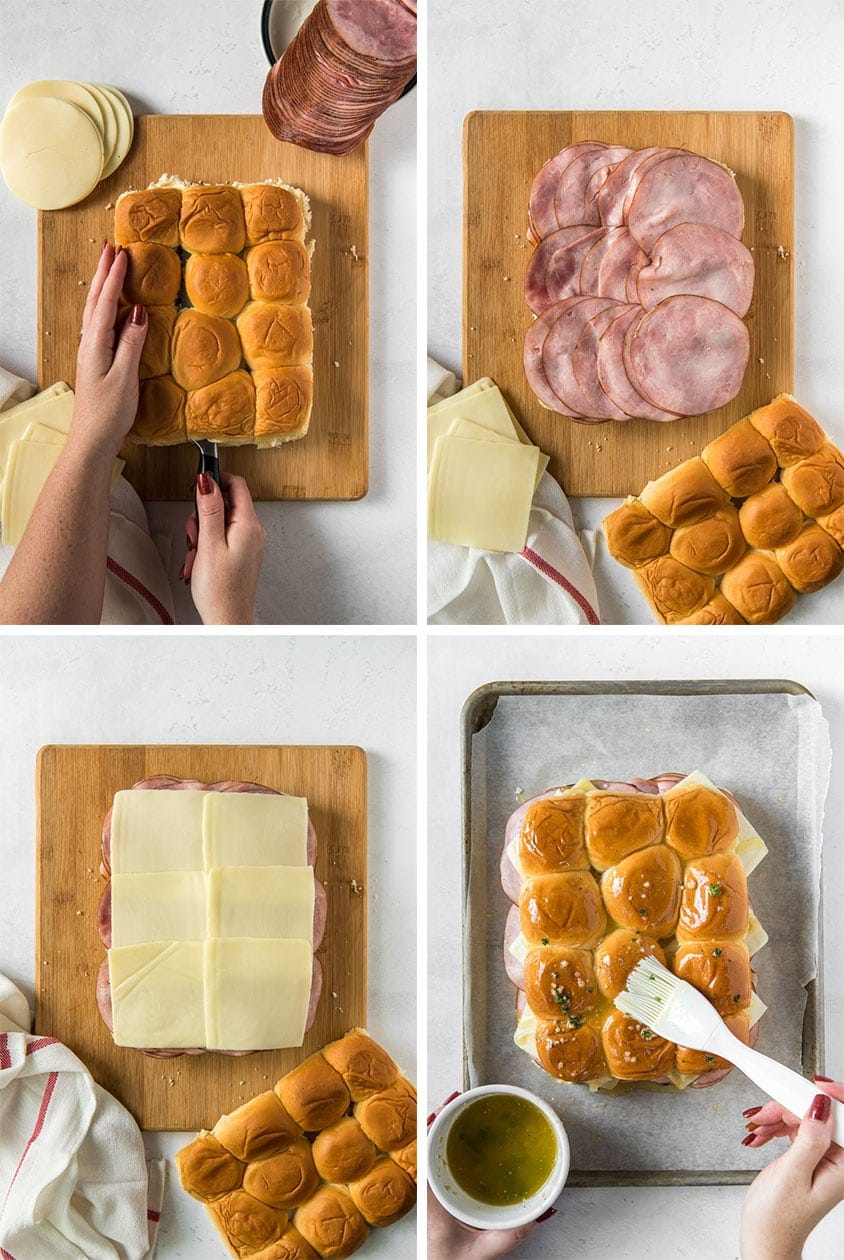 4 images in a collage showing the steps to make ham and cheese sliders