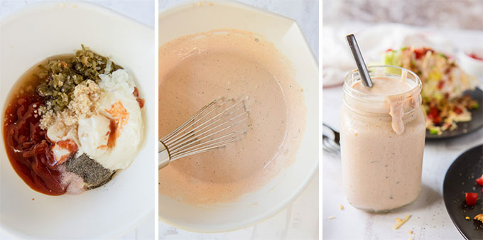 a collage of 3 images showing the process of making thousand island dressing.