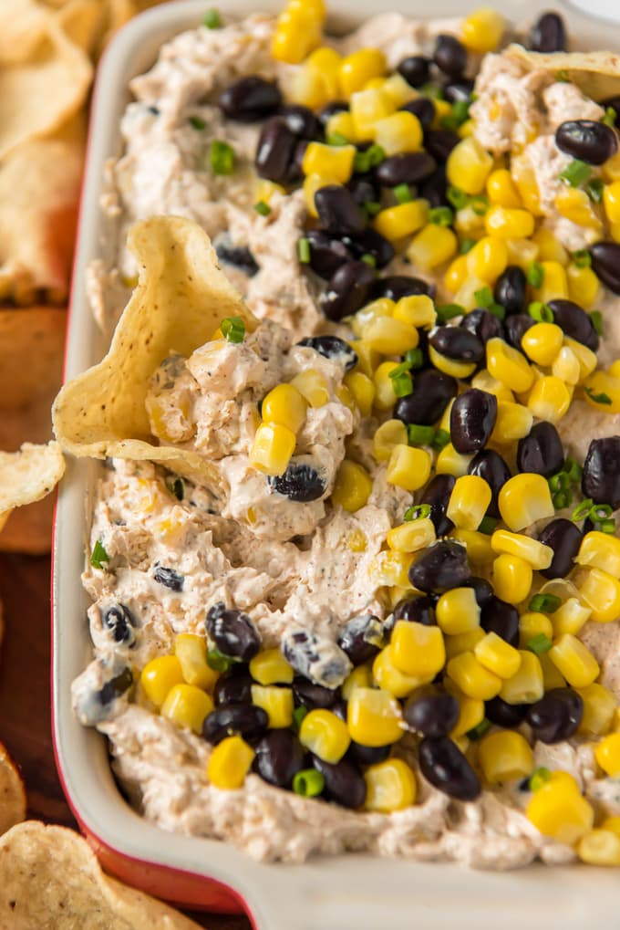 cream cheese dip with southwest seasoning and toppings and a chip dipped in