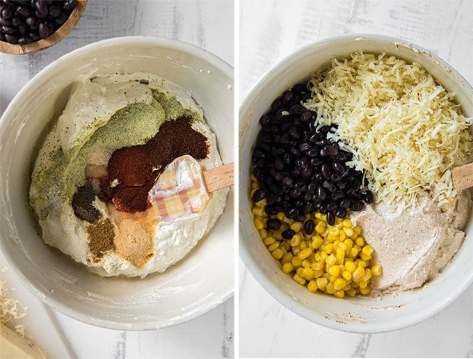 two images in a collage showing a cream cheese dip ingredients ready to mix.