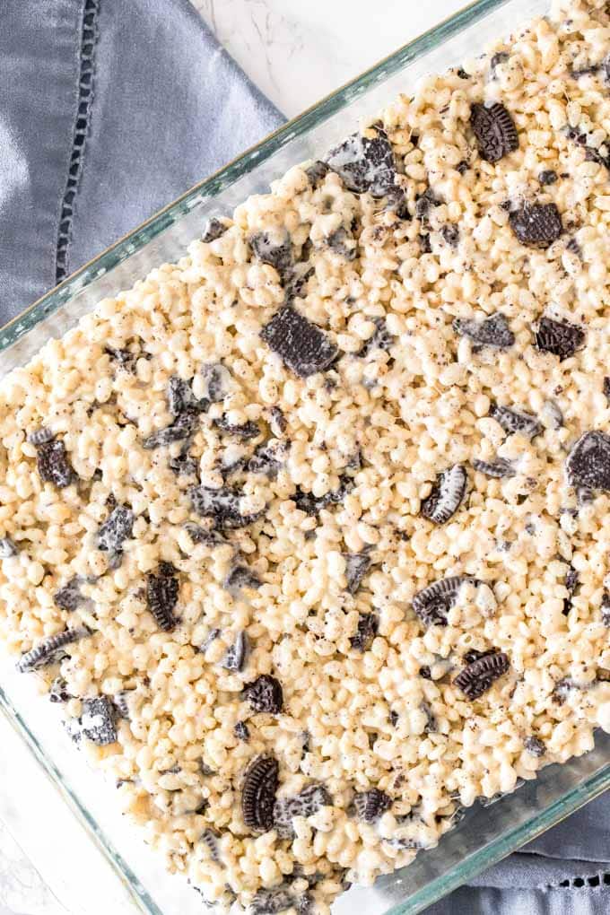 Overhead shot of a pan of Oreo Rice Krispie Treats