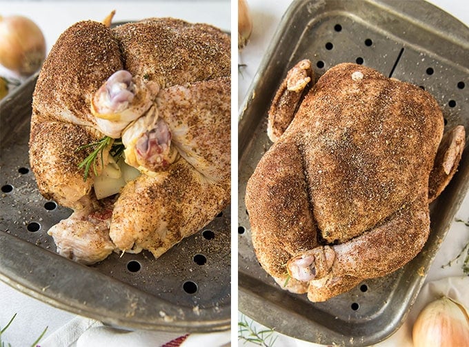two images of a whole chicken being prepared for roasting in a pan.