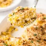 A dish of scalloped corn casserole