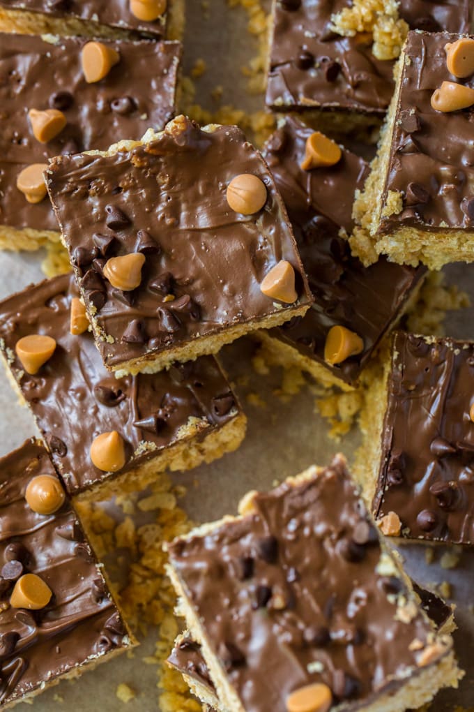 an overhead shot of scotcheroo bars topped with chocolate and butterscotch.