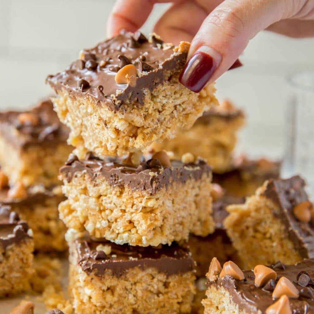 Peanut butter rice crispy treats with chocolate topping