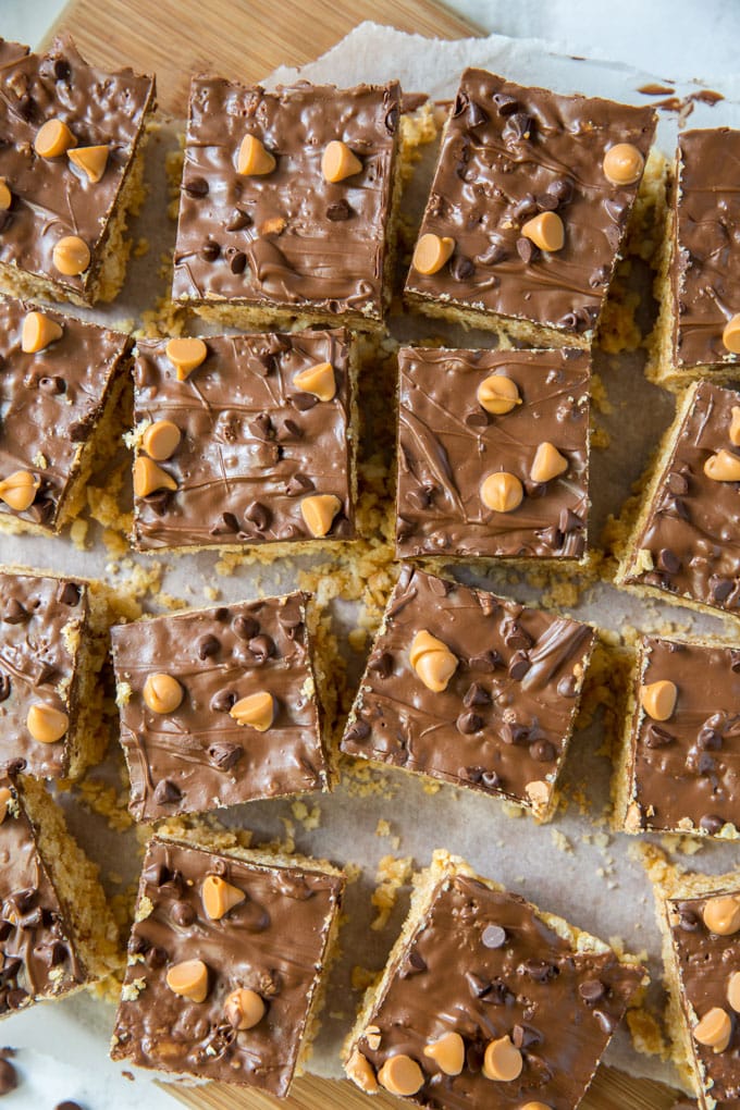 scotcheroos with chocolate and butterscotch topping cut into squares