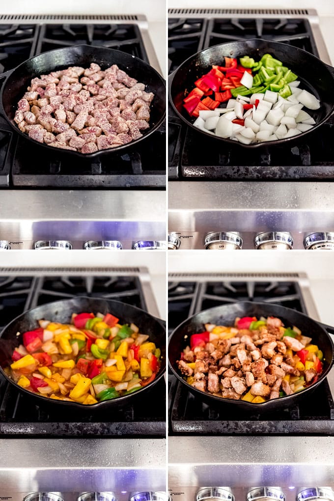 A collage of images showing how to make sweet and sour pork on the stove top.