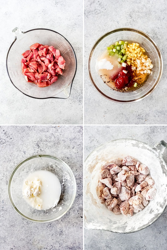 A collage of images showing how to prepare pork tenderloin with a marinade and cornstarch coating.