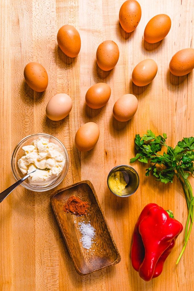 Ingredients shown: eggs, mayo, mustard, parsley, red bell pepper, salt and paprika.
