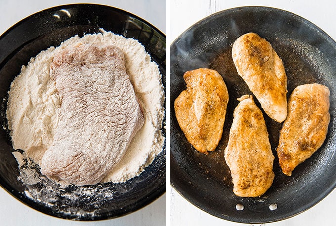 a collage of two images with chicken dredged in flour then pan fried