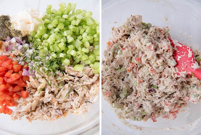 A collage of two images showing the ingredients to make crab salad, both unmixed and mixed.