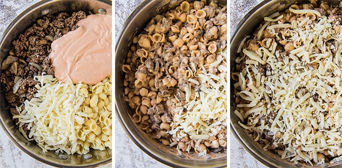 a collage of shots showing how to make hamburger casserole