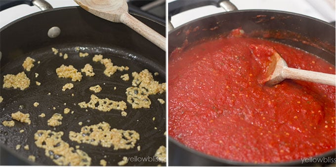 a collage of two images showing sauteed garlic and simmering marinara sauce.