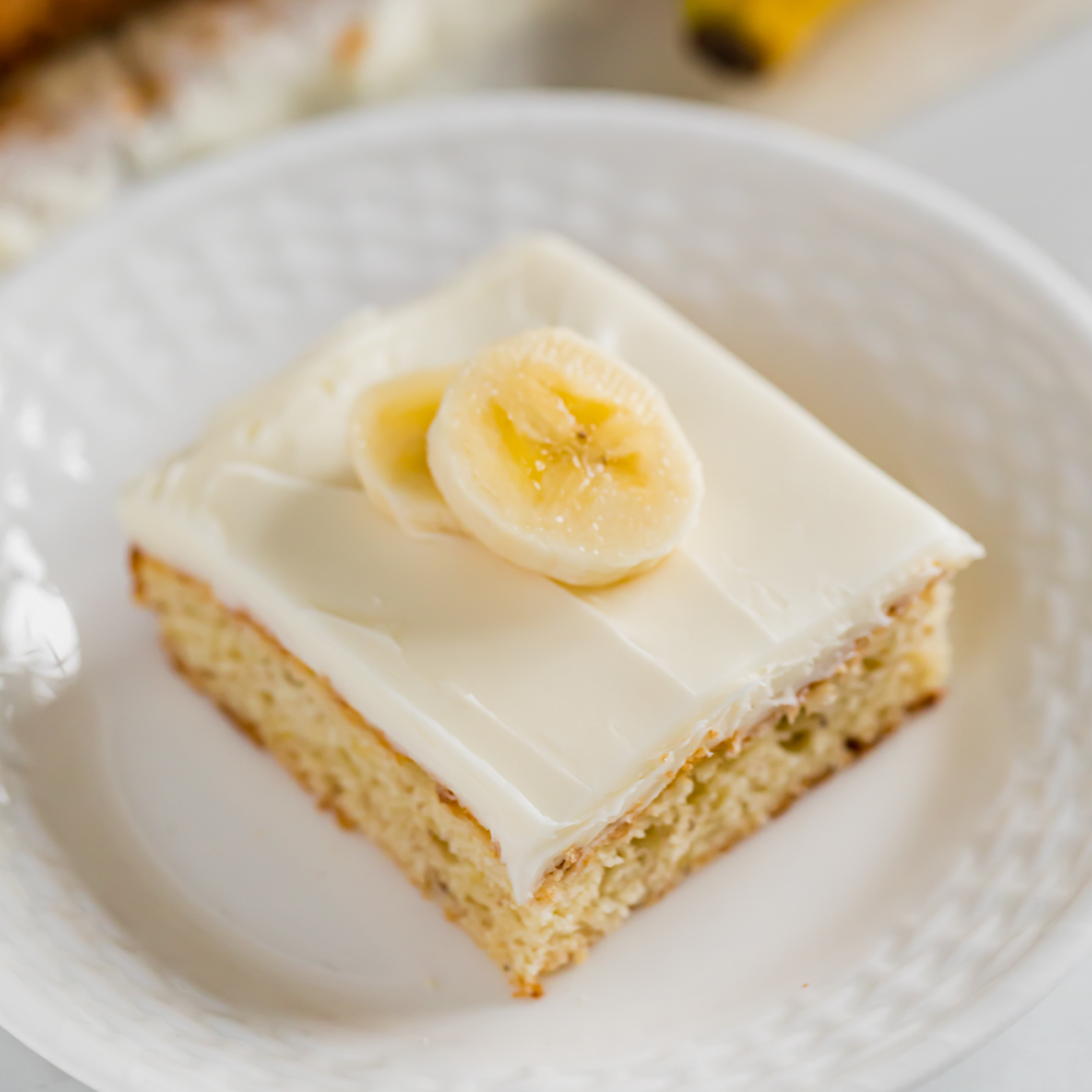 A piece of banana cake on a plate