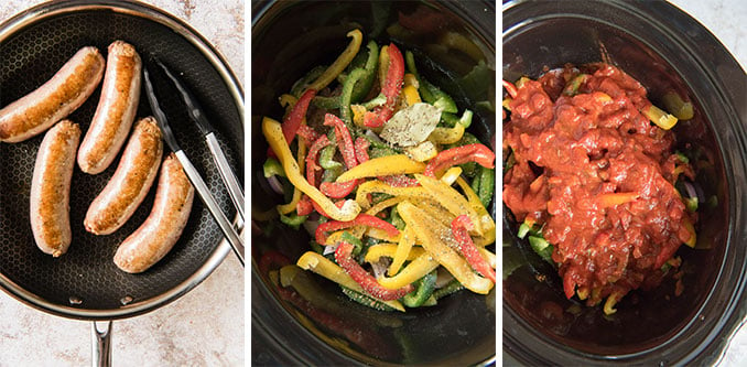 A collage of images showing the process of making sausage and pepper in the slow cooker.