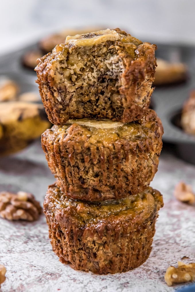 A stack of 3 banana bran muffins 