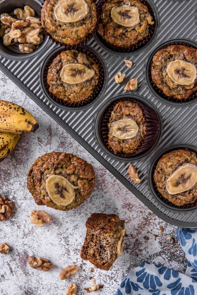 A pan full of freshly baked banana bran muffins