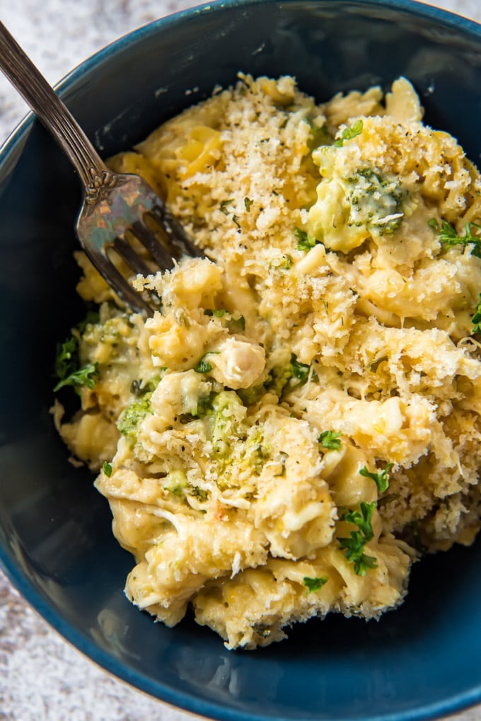 A close up image of chicken divan casserole in a blue dish with a fork