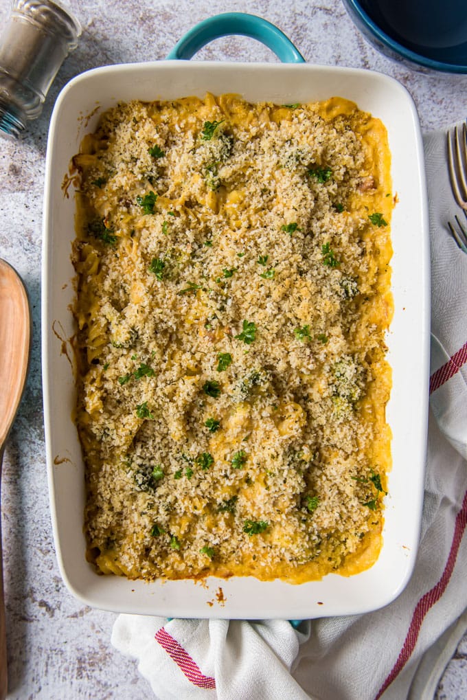 An overhead shot of a panko crumb topped chicken broccoli casserole in a large baking dish