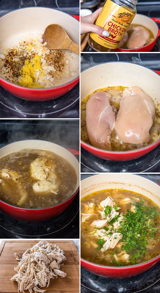 A collage of image depict the steps for making greek lemon chicken soup