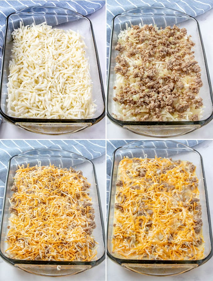 Collage of 4 images showing the layers in an egg casserole - hash browns, sausage, e