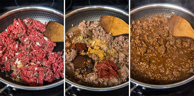 3 image collage depicting the steps to cooking ground beef and adding seasonings to make taco meat.