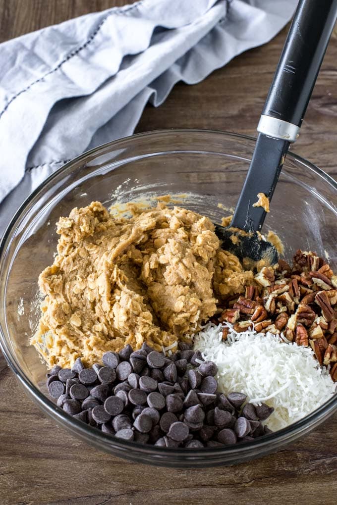 A bowl of cowboy cookie dough before the chocolate chips, coconut and chopped pecans are mixed in. 