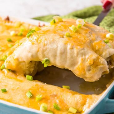 A close up of cheesy Chicken Enchiladas