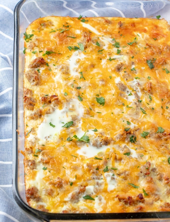 Baked egg casserole in a glass dish.