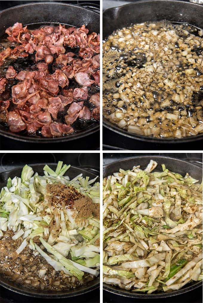 A collage of 4 images depicting the steps for making fried cabbage and bacon.