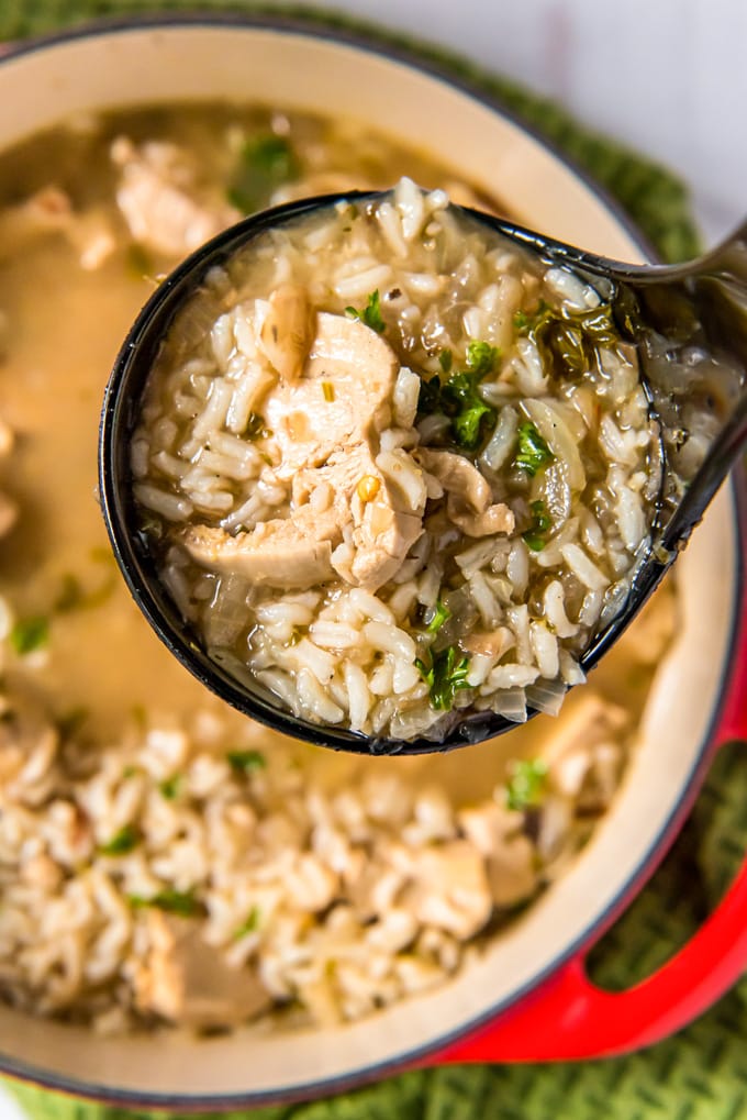 A ladle holding a serving of chicken and rice in broth