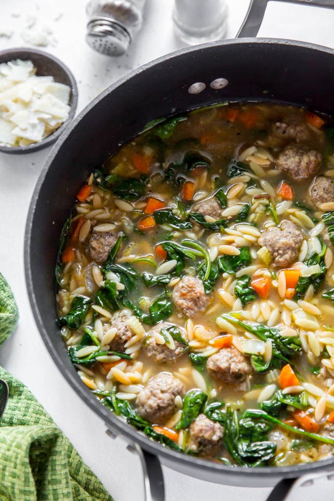 Pot full of Italian Wedding Soup.