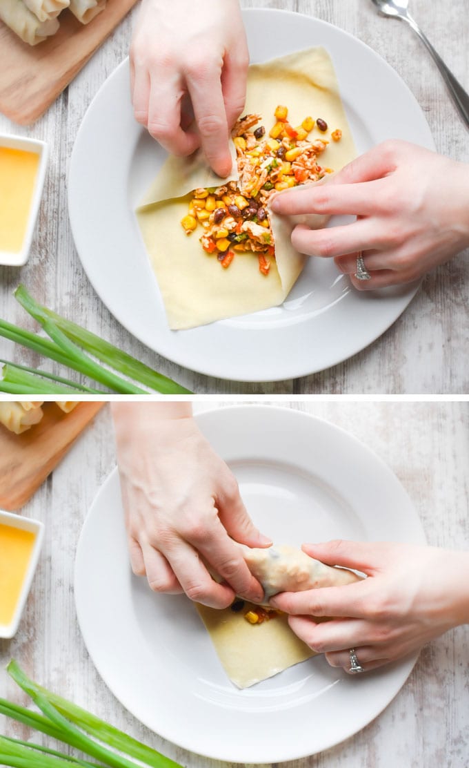 A collage of 2 images showing hands rolling up an egg roll wrapper around the filling.