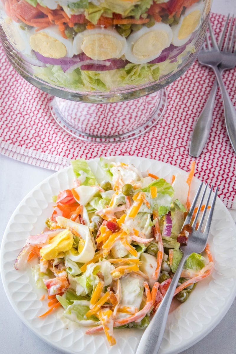 7 layer salad on a salad plate