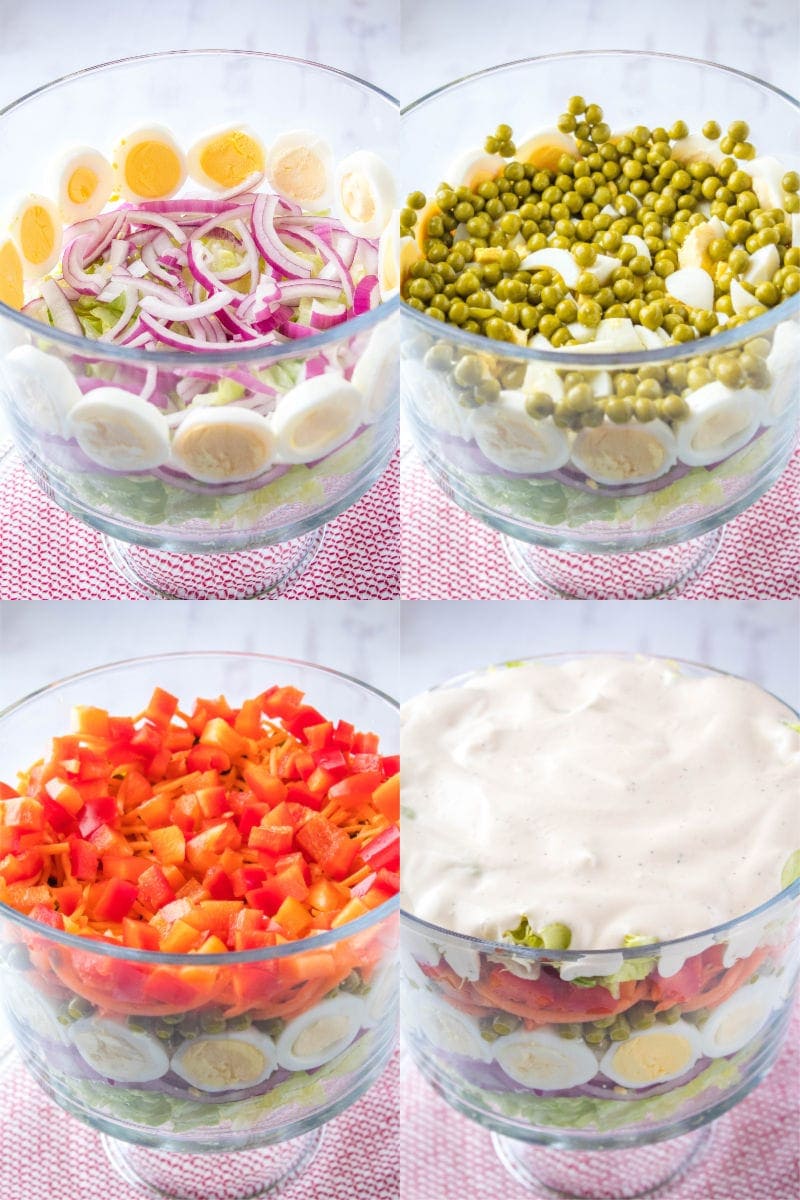 7 Layer Salad is a classic potluck dish great for feeding a crowd. These layers of deliciousness can be made ahead of time for these easiest side dish ever! how to layer a 7 layer salad