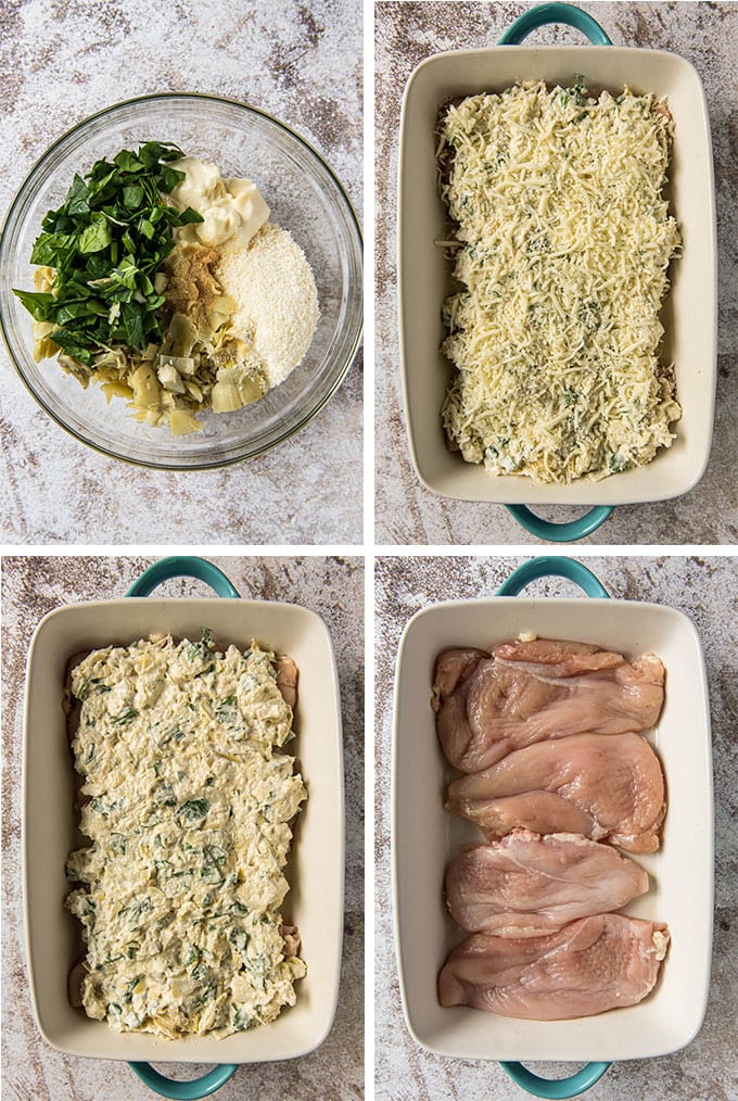 a collage of 4 images to show the steps for making spinach artichoke chicken.