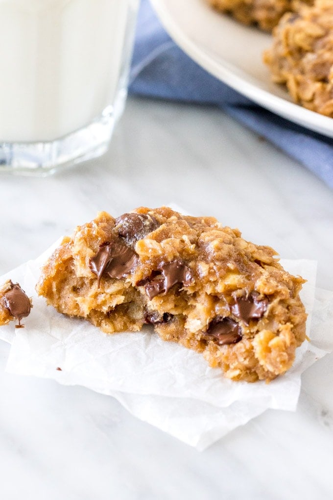 Breakfast cookie broken in half with melted chocolate chips