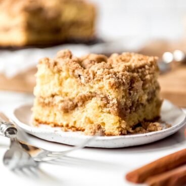 A piece of coffee cake on a plate