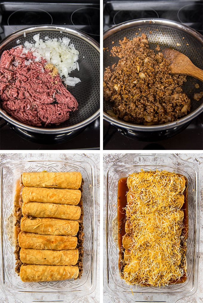 4 images showing the steps for making ground beef enchiladas
