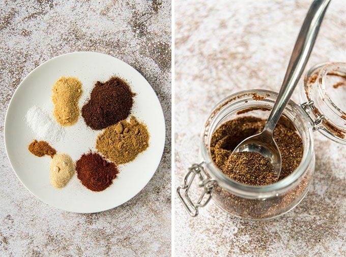 Fajita seasoning - separated by ingredients on a plate in one image and mixed in a jar in the other.