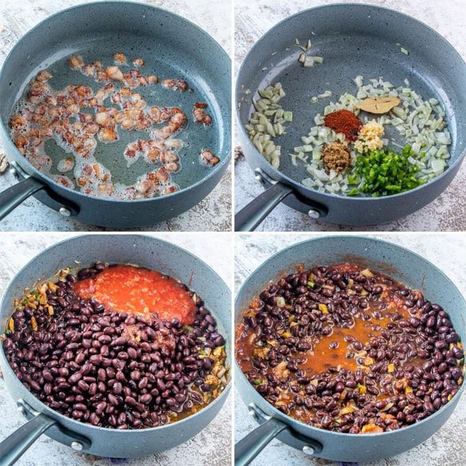a collage of 4 images showing steps for making mexican black beans