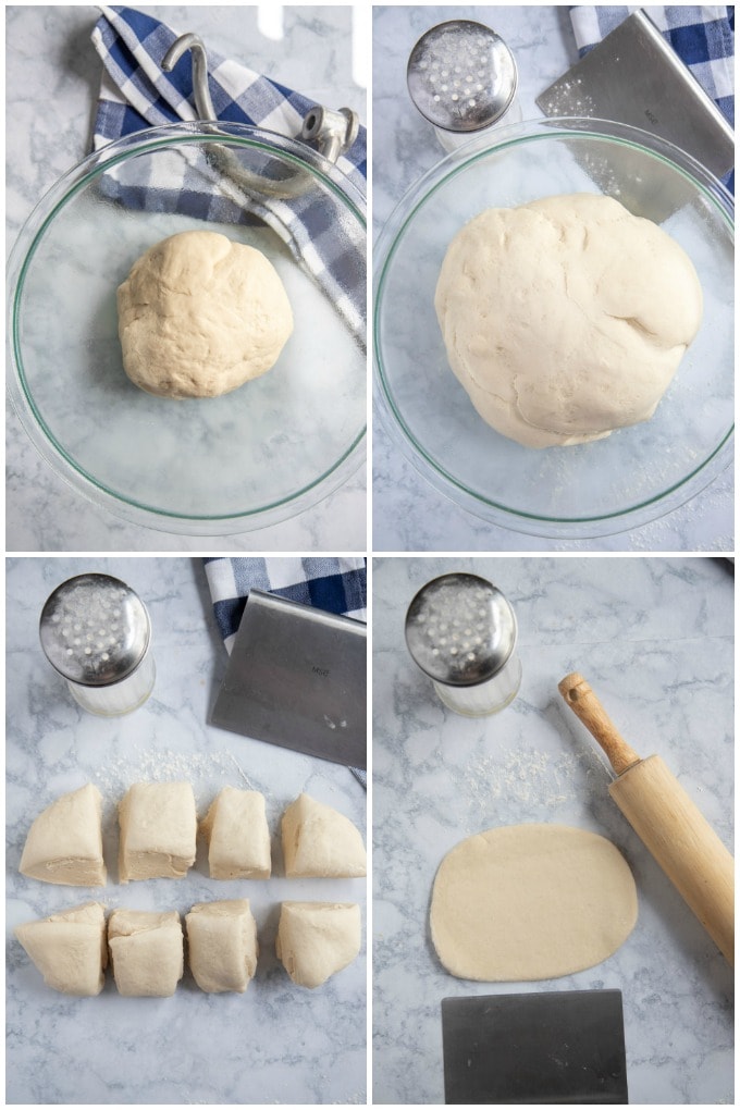 how to make naan bread - rising, cutting and shaping collage of images