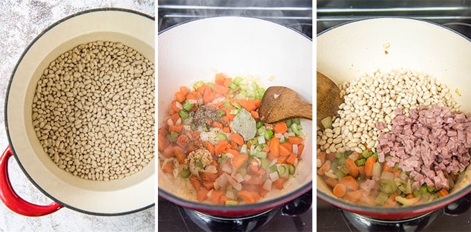 a collage of three photos depicting the steps for making navy bean soup